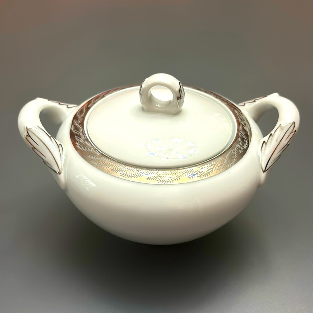 Vintage Sugar Bowl with Lid Fukagawa Arita Japan MCM Porcelain White and Silver